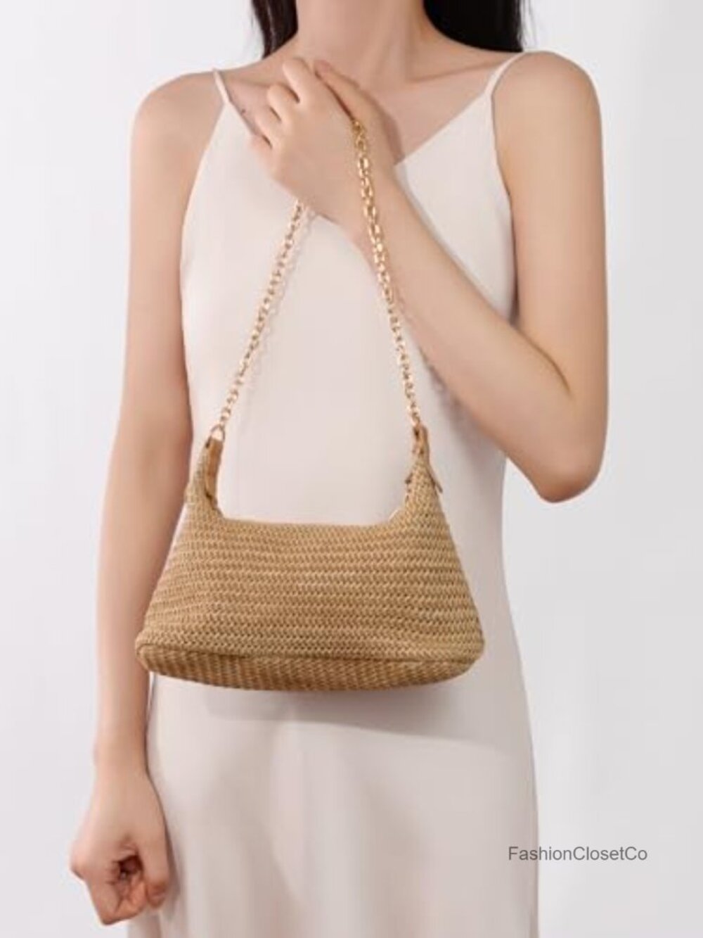 Straw Woven Beach Bag Summer Shoulder Purse with Chain Strap - Picture 3 of 6